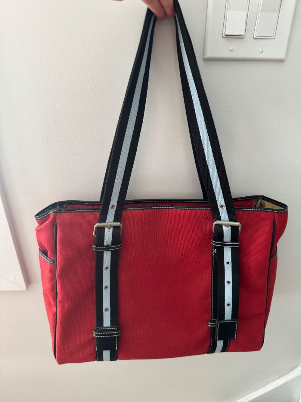 Vintage Rafe New York 2000s Red Canvas Tote Blue Handles Large Bag